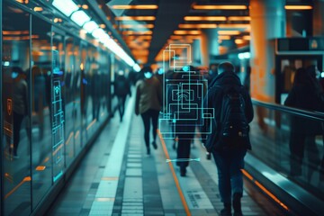 People walking in a busy city street with motion blur.