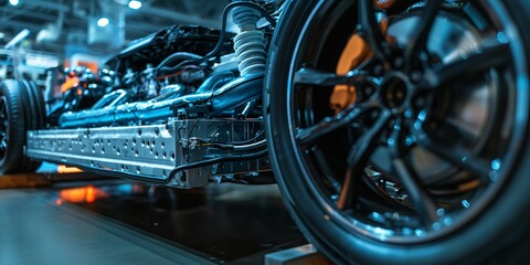 Obraz premium The image shows the undercarriage of a car with the wheel attached.