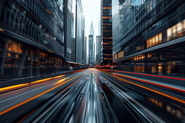Obraz premium Photo in motion depicting a highway in a metropolis. Light paths against the background of skyscrapers. Generated by artificial intelligence