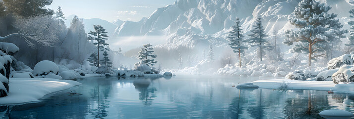 Winter Hot Springs: Snowy Landscapes Surrounding Steaming Hot Springs, a Unique Winter Escape   Photo Realistic Concept on Adobe Stock