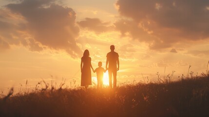 Fototapeta premium Happy family: silhouette mother, father, children son and daughter on nature on sunset, The family enjoyed a holiday Holiday over blurred beautiful nature, Concept People and family, generative ai
