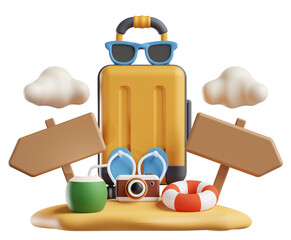 3d island with suitcase, camera, coconut, glasses, clouds and flip flops