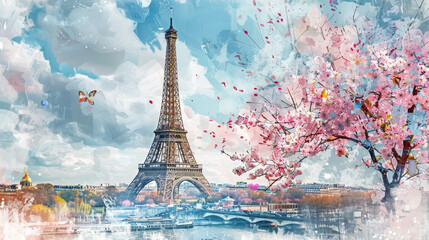 A painting of the Eiffel Tower with cherry blossoms in the background