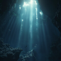 Deep ocean with water and sun light ray.