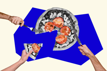 Composite photo collage of hungry people hold knife fork cut pizza piece fast food nutrition meal cheat meal isolated on painted background