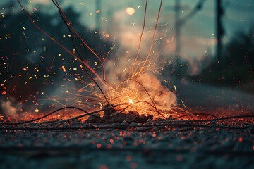 A fire is burning in the middle of a pile of wires