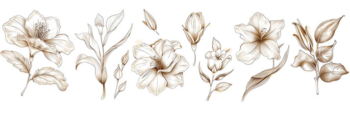 set of hand - drawn floral elements featuring a variety of white flowers, including a small white flower, arranged in a row from left to right