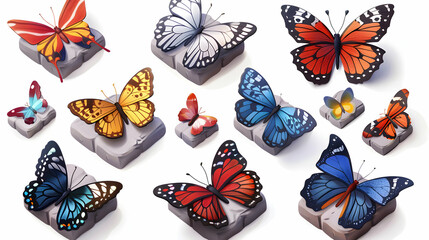 Delicate Butterfly Garden Tiles: Isometric Flat Icons Inspired by Festival Exhibitions for Naturalistic Decor