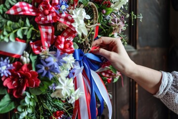 A detailed close-up of a person's hand adjusting a decorative wreath adorned with flowers, ribbons, and small American flags. 4th of July, american independence day,