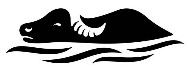 Obraz premium Buffalo, bull, ox, lies in the water. Dairy and cheese farm, farming, animal and pet, illustration