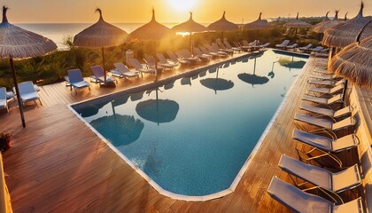 top view of the pool, sun loungers and umbrellas