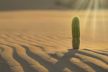 A cactus is standing in the sand, with the sun shining on it