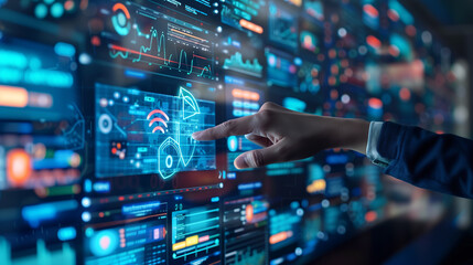 A man is drawing on a large screen with a computer. Concept of technology and innovation, as the man is using a computer to create something on the screen