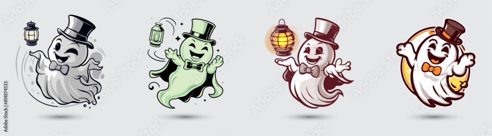 Sticker Happy ghost floats with a bowtie and hat, Generative AI