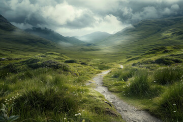 A path winds through a lush green field with a cloudy sky overhead