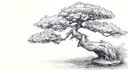 sketch of bonsai tree in a pot on isolated background