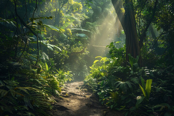 Fototapeta premium A forest path with sunlight shining through the trees
