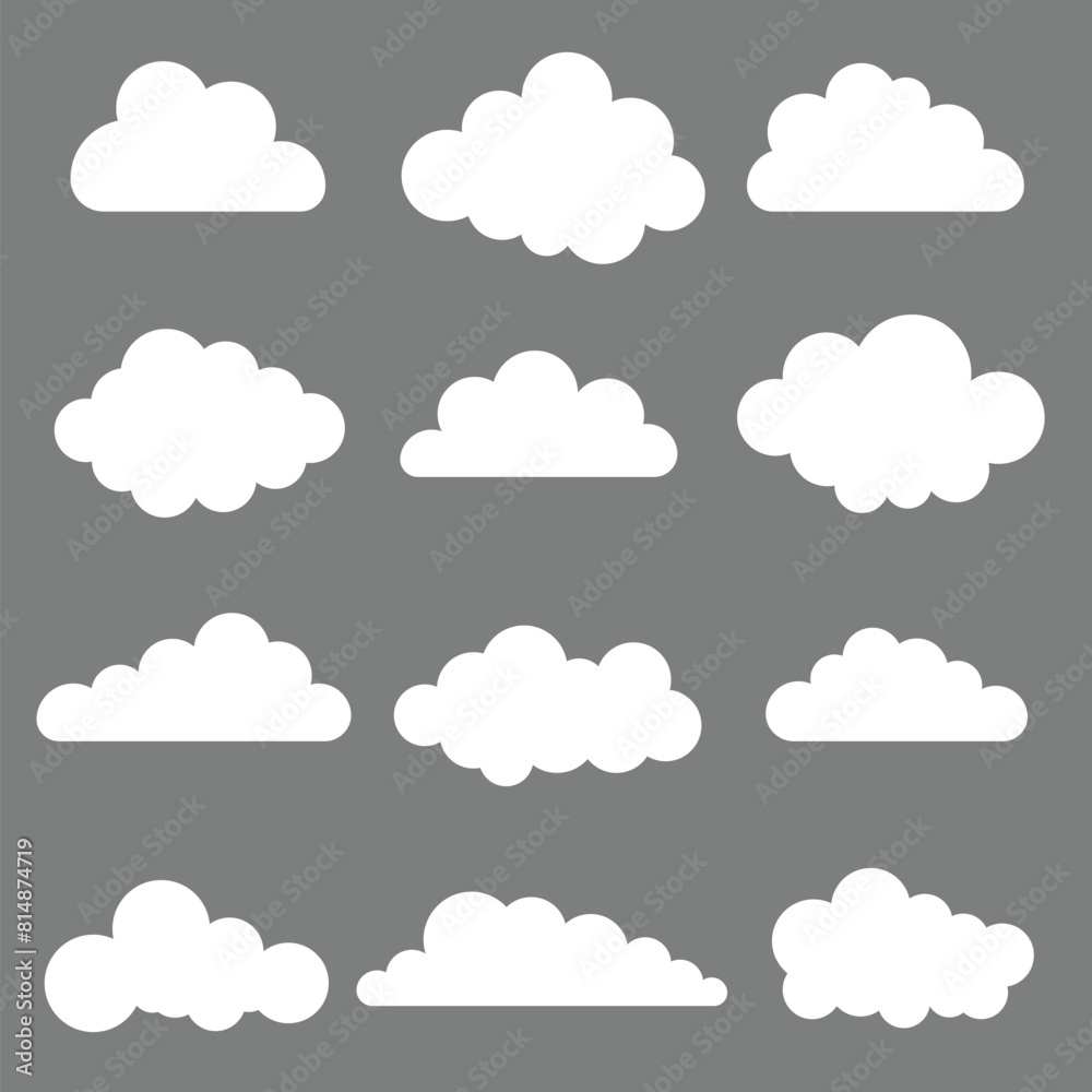 Poster white clouds set on gray background. abstract white cloudy set isolated vector illustration