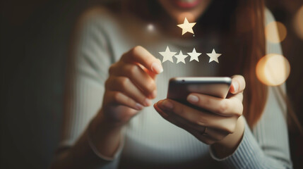 Young woman rating online service on smartphone, glowing stars concept of customer satisfaction and feedback.