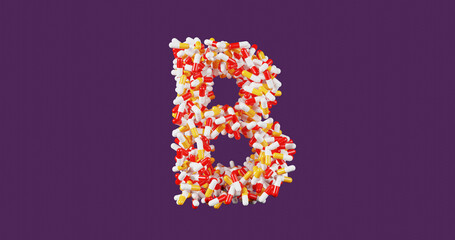 Vitamin B, pills in a red yellow and white shell in the shape of the letter B isolated on a colored purple background, 3d rendering