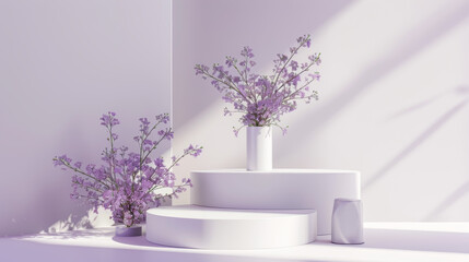 A white pedestal with two purple flowers on it