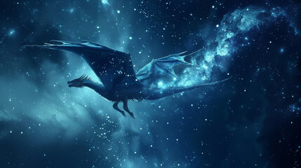 A blue dragon flying through the sky with stars in the background
