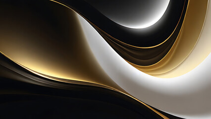 Abstract fluid swirls and curves composition in a harmonious black, gold and pure white with sense of movement smooth gradient. Abstract fluid background. Generative AI.