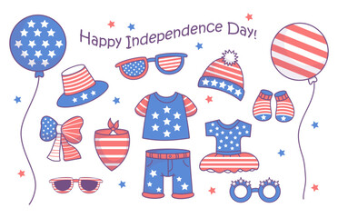 Independence Day holiday set. Cute festive patriotic dog clothes, accessories, party decorations, balloon, dress, socks, hat, bow in American flag colors. Isolated vector illustrations