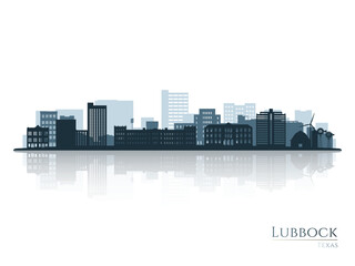 Lubbock skyline silhouette with reflection. Landscape Lubbock, Texas. Vector illustration.