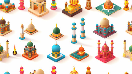 Eid Mubarak Celebration Tiles: Vibrant Design with Festive Isometric Illustration