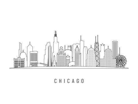 Detailed Chicago skyline vector illustration. Chicago IL buildings in line art style, perfect for modern designs.