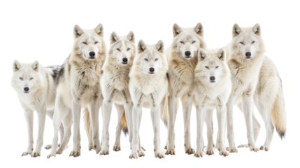 A pack of white wolves with black noses and paws stands together in isolated on transparent background
