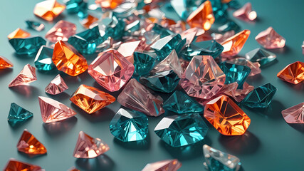 pin made of sparkling diamond glass fragments in deep turquoise, orange and pink shades. Shiny, elegant. light background