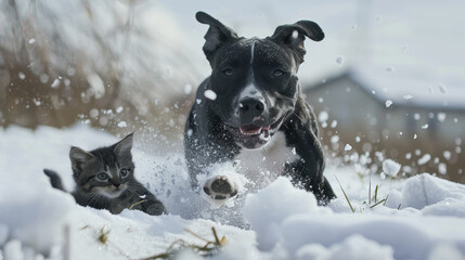 A black and white dog and cat playing in the snow