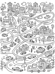 Obraz premium A black and white drawing of a busy street with many different types of vehicles, including cars. 