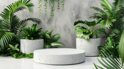 A white pedestal with three potted plants surrounding it