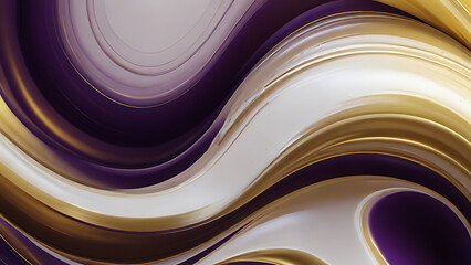 Abstract fluid swirls and curves composition in a harmonious purple, gold and pure white with sense of movement smooth gradient. Abstract fluid background. Generative AI.