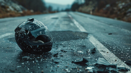 A broken black motorcycle helmet lying on the side of an empty road, suggesting a past accident or potential danger, and emphasizing the importance of safety gear for riders.