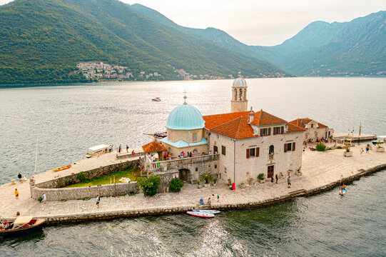 Aerial view of Our Lady of the Rocks island, Perast, Montenegro.