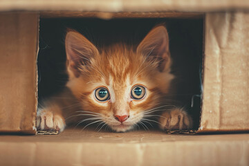 Naklejka premium A kitten is peeking out from behind a cardboard box