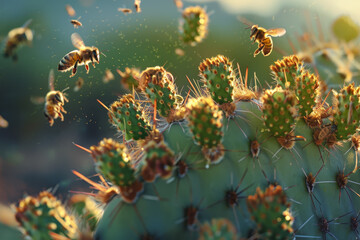 A group of bees are flying around a cactus - Powered by Adobe