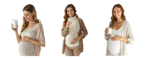 a smiling pregnant woman standing holding a glass of milk to drink milk on white background