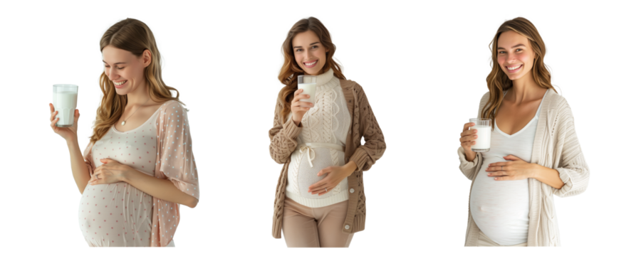 a smiling pregnant woman standing holding a glass of milk to drink milk on white background - Powered by Adobe
