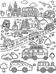 Naklejka premium A black and white drawing of a busy street with many different types of vehicles, including cars. 