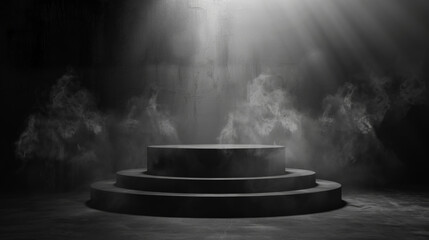 A black stage with smoke and a spotlight on it