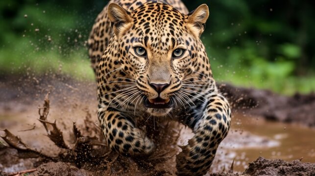 Leopard in an intense chase after its prey in a captivating wildlife moment for enthusiasts