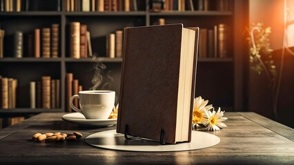 A cup of coffee placed beside a book on a table