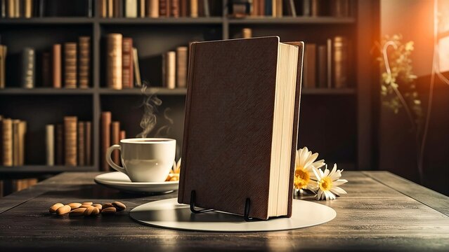 A cup of coffee placed beside a book on a table
