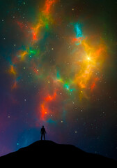 Space background. Man and hill land silhouette with colorful nebula and starfield. Digital painting