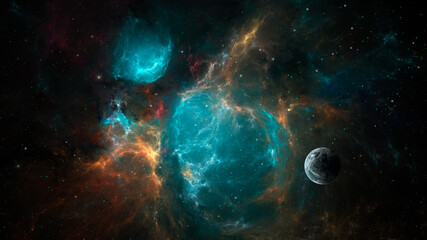 Space background. Planet in colorful fractal nebula with starfield. Elements furnished by NASA. 3D...
